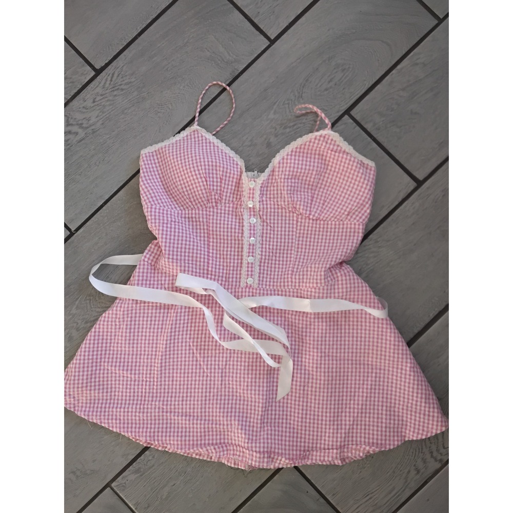 City Triangle Pink Gingham Lace Trim Babydoll Top Cottagecore Coquette Size 11